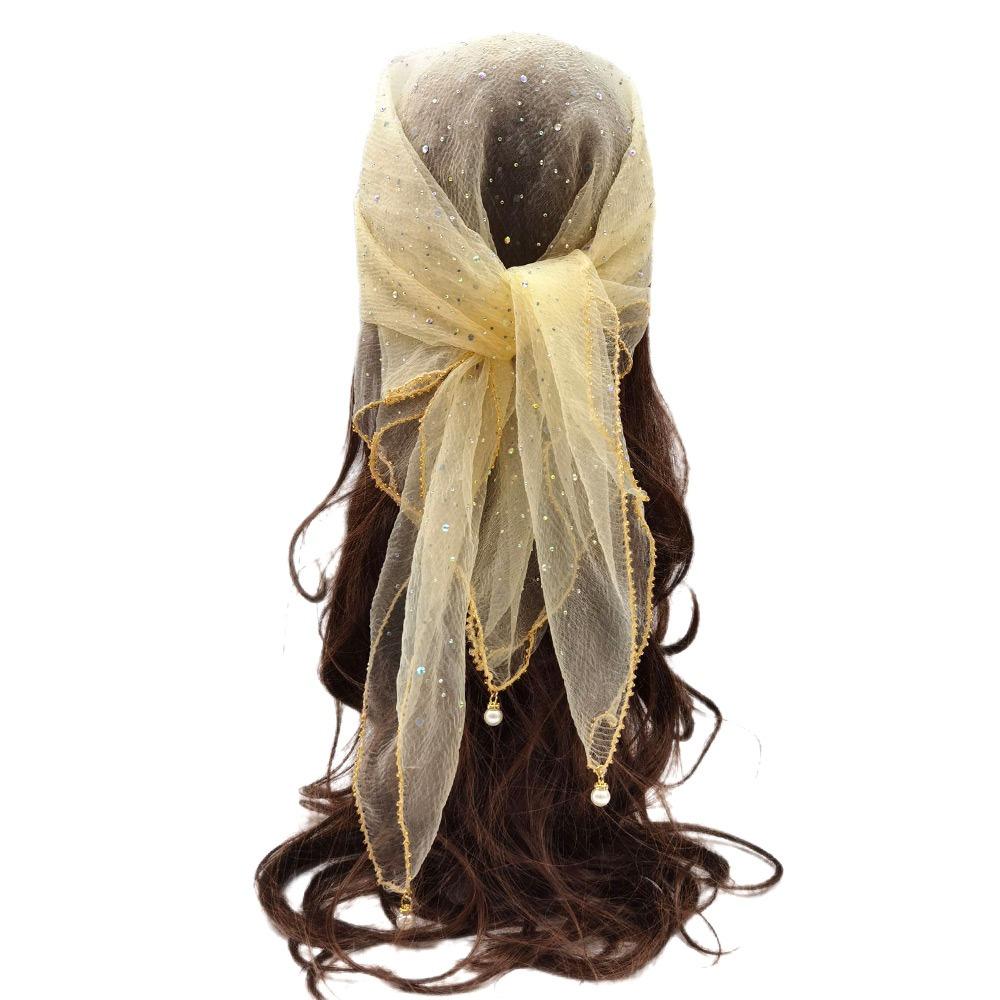 Fashion Pearl Tassel Diamond Hijab Rhinestone Square Pearl Tassel Scarf Full Sky Thin Veil Veil Bandana Women Headwear