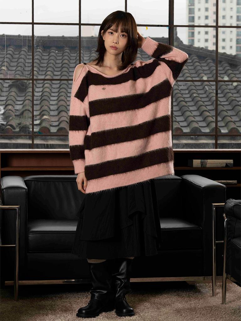 THE GREEN LAB Block Stripe Off-Shoulder Knit [Pink]