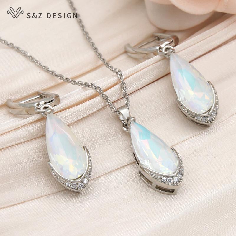 Fashion Water Drop Crystal Dangle Earrings Jewelry Sets For Women Rose Gold Color Zirconia Wedding Necklace
