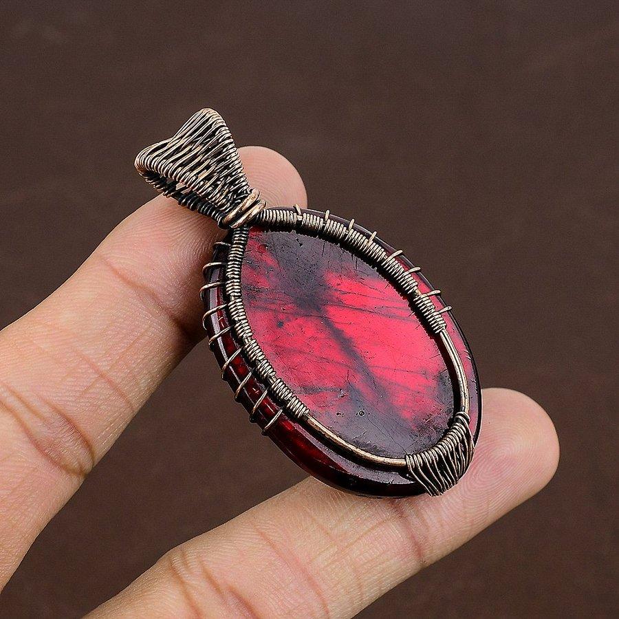 Red Labradorite Handmade Copper Wire Wrap Jewelry Pendant 2.36" M5o53