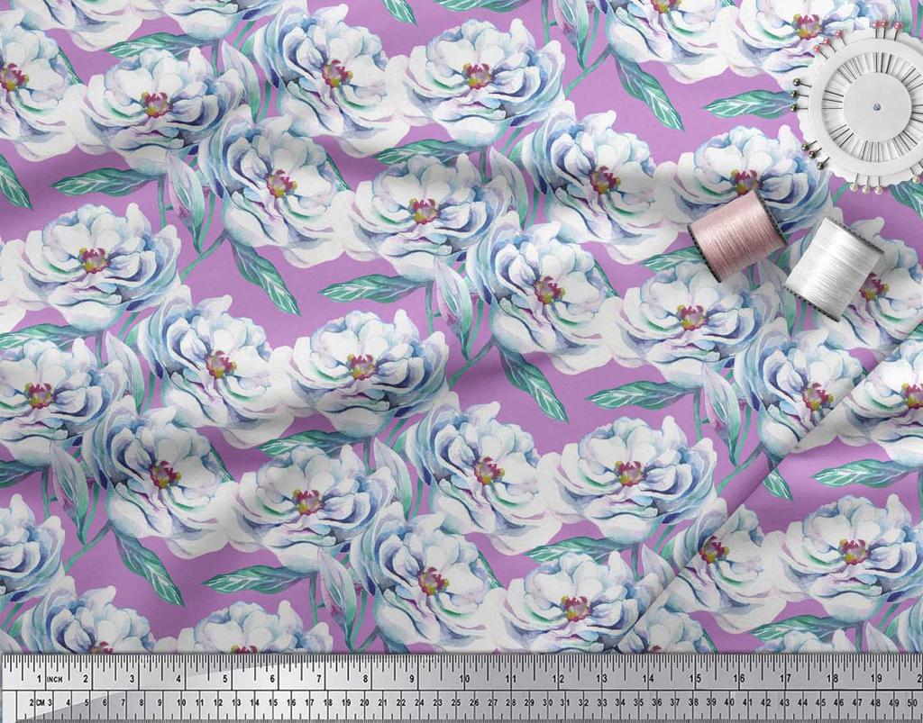 Soimoi Green Japan Crepe Satin Fabric Leaves & Blooming Camellias Floral Print Sewing Fabric Metre 42 Inch