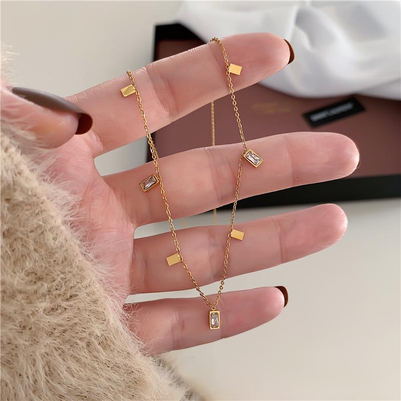 Gold-Plated Titanium Steel Necklace with Zirconium Gemstones and Geometric Shapes Gold Water Drop