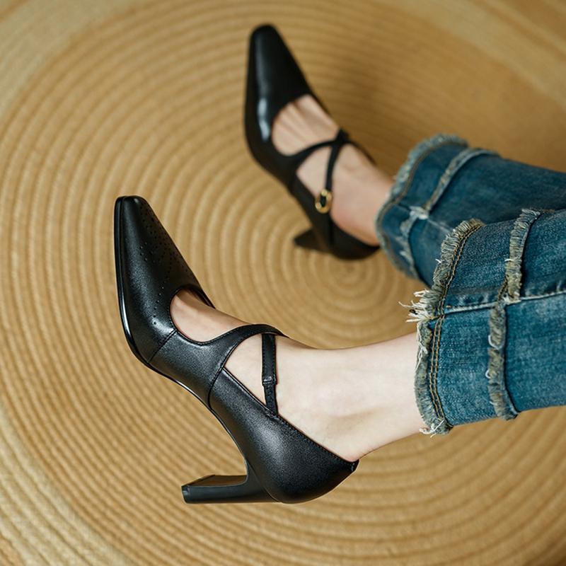 Fashion NEW Spring/Autumn Women Pumps Square Toe High Heel Shoes Genuine Leather Shoes for Women Concise Cross-tie Buckle Strap Shoes