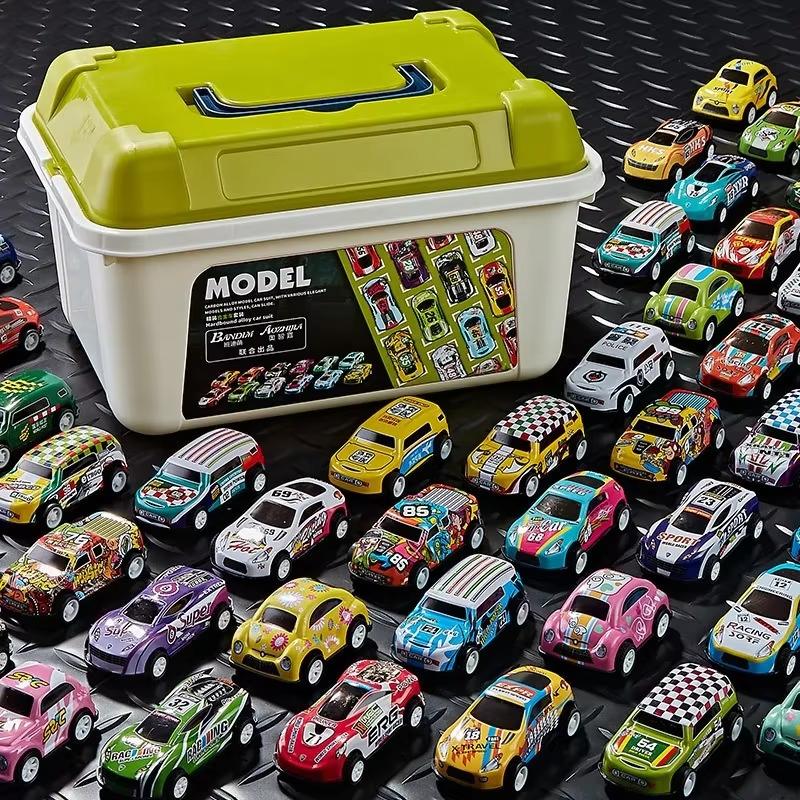 30 - 50 Stück Mini-Legierungsauto-Modellset mit Aufbewahrungsbox Druckguss-Rückzieh-Fahrzeugspielzeug für Jungen, Geschenk für Weihnachten, Geburtstagsgeschenk