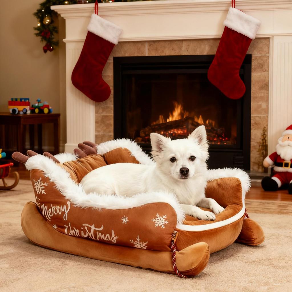 Sleigh Bed For Dogs Warm Christmas Pet Sofa Holiday Winter Dog Nest For Pet Parents Animal Lovers Cold Weather Home Office