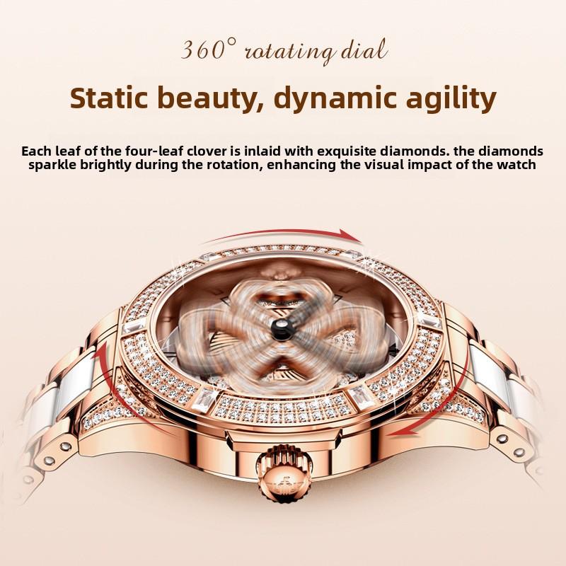 OUPINKE Women's Watch Four-leaf Clover Rotating Dial Automatic Mechanical Watch for Ladies and Women