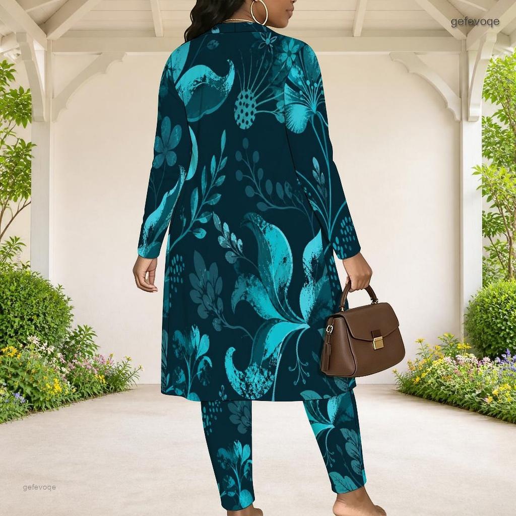 Women Plus Size Teal Floral Printed 3 Piece Set Long Sleeve Open Front Cardigan Crop Top Long Pants