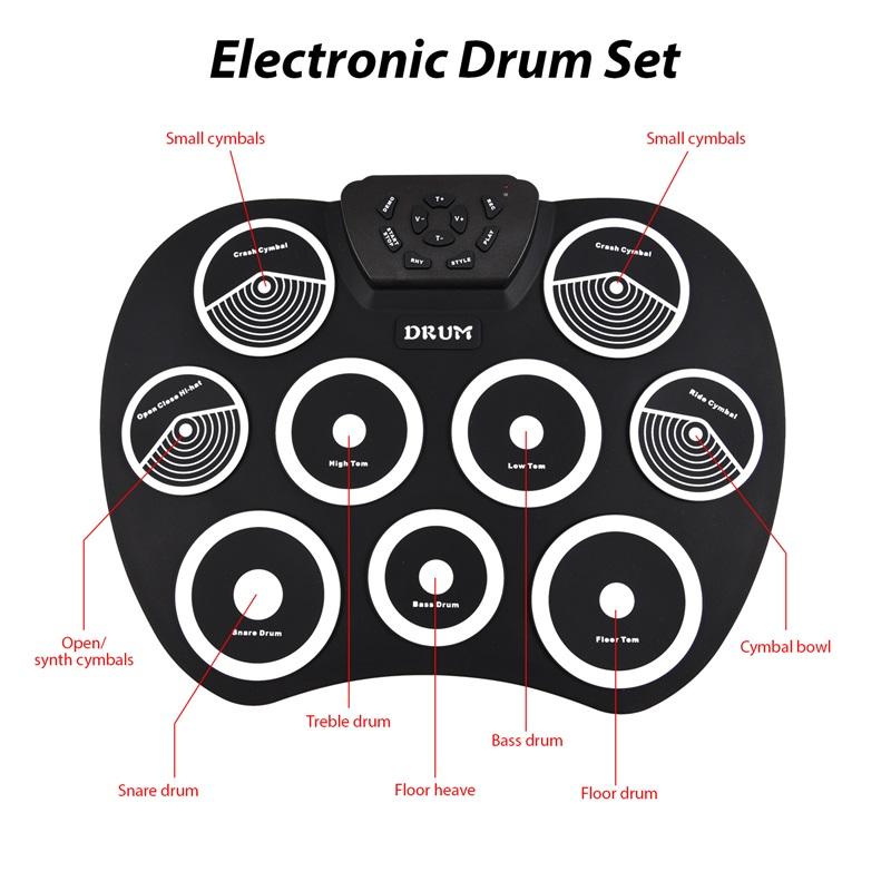 Electronic Drum Set Hand-rolled Drum 9 Pad MIDI Interface Supports DTX Games Portable Drum Set Gifts with Drumsticks Pedals