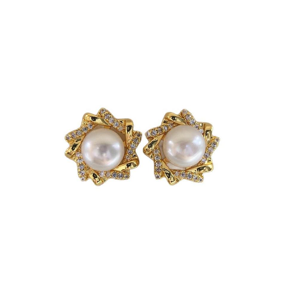 Natural Freshwater Pearl & Zircon Flower Stud Earrings for Women - Elegant, High-Quality Design