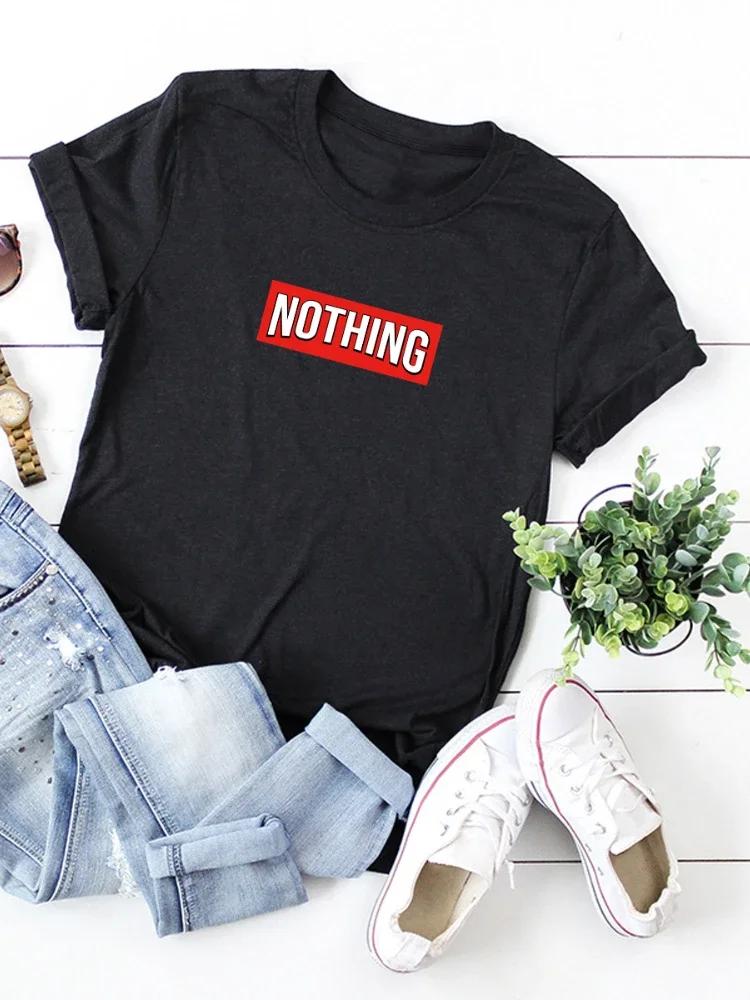 

Ничего Принт красными буквами Женская футболка с коротким рукавом и круглым вырезом Свободная женская футболка Женская футболка Топы Одежда Camisetas Mujer XXXL чёрный