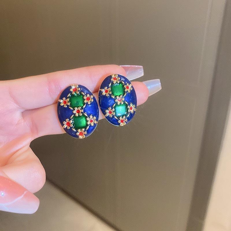 Korean Retro Haze Blue Diamond-encrusted Bow Flower Earrings Niche Temperament Stud Earrings Women