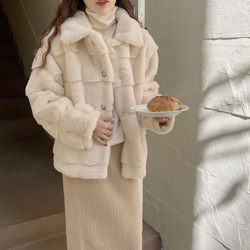2023 Korean Style Women's Faux Rex Rabbit Fur Plush Winter Coat