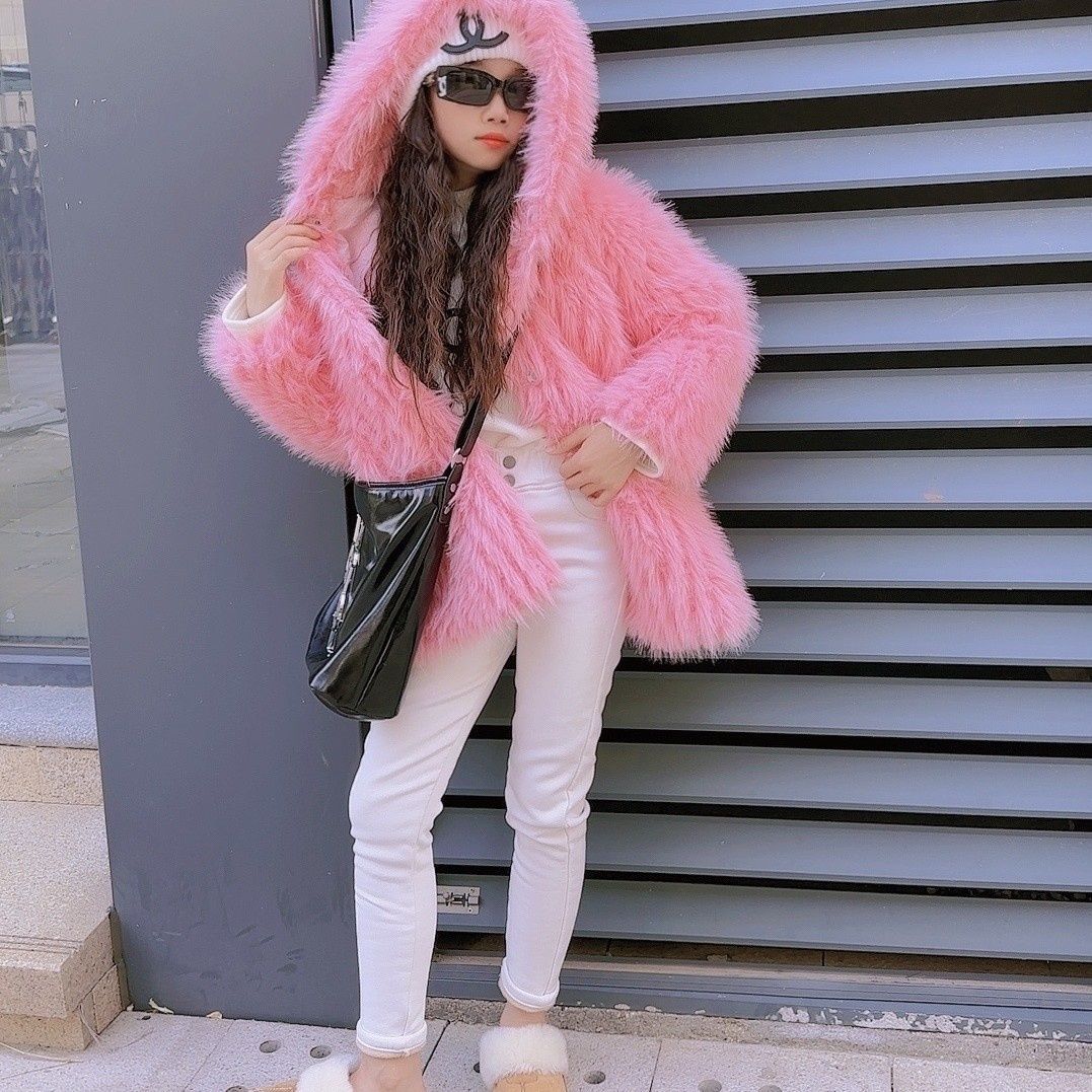 

Осень и зима легкая имитация норки вязаная рубашка с капюшоном меховая куртка свободная средней длины легкий роскошный стиль XS розовый