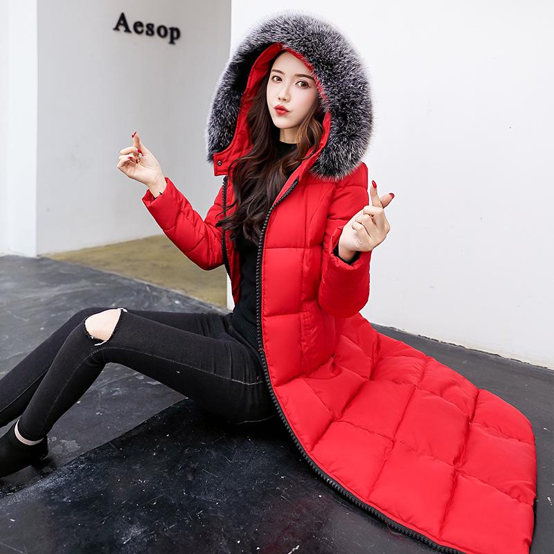Women Winter Hooded Fur Collar Jacket Coat Parka Thicken Warm Long Chaqueta Slim Zipper Pocket Solid Color