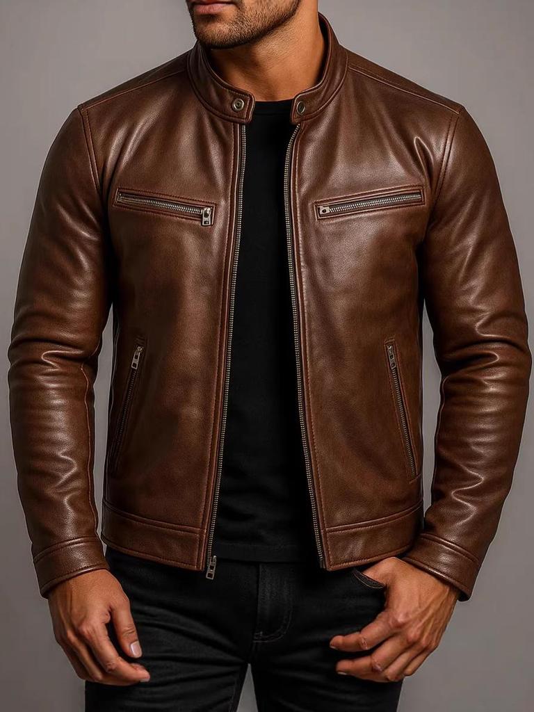 Men's Stand Collar PU Leather Motorcycle Jacket - Slim Fit Punk Pilot Style