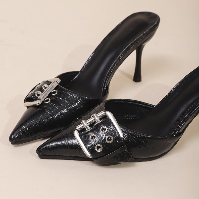 Women’s Large Size Pointed Toe Buckle Mules, High Heel Slip-On Sandals, Stylish Summer Shoes