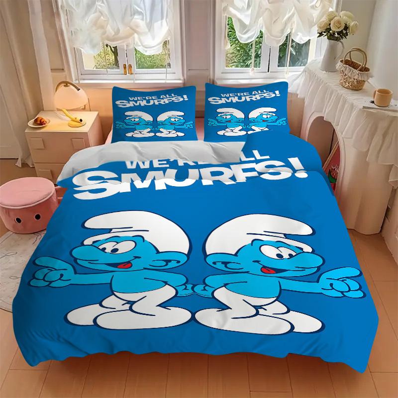 We'Re All Smurfs Print 3Pcs Bedding Setduvet Cover With 2 Bedropillowcase Home Birthday Gift