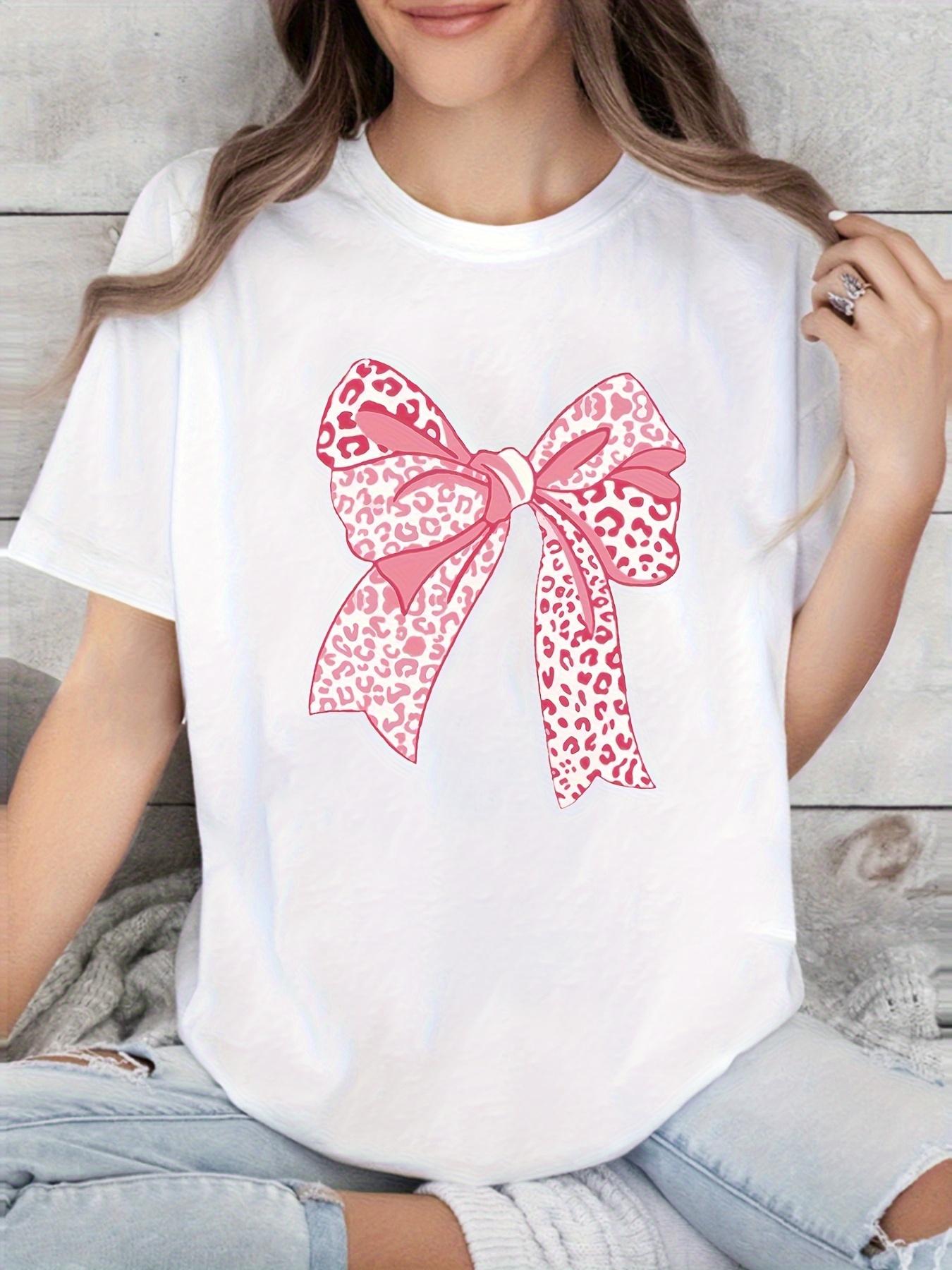 Pure Sweet Style WomenS Short Sleeved Tshirt with Pink Leopard Print Bow Pattern Harajuku Sleeve Casual Aesthetic Clothes S