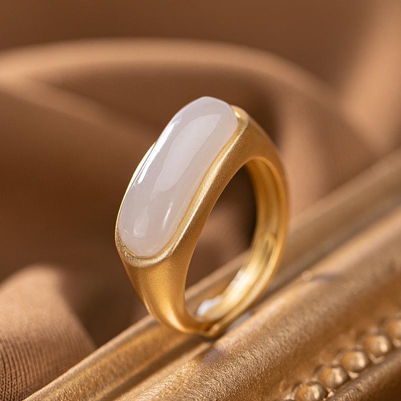 Natural An Purple Jade Long Oval Opening Adjustable Ring Chinese Retro Bohemian Elegant Women'S  Jewelry