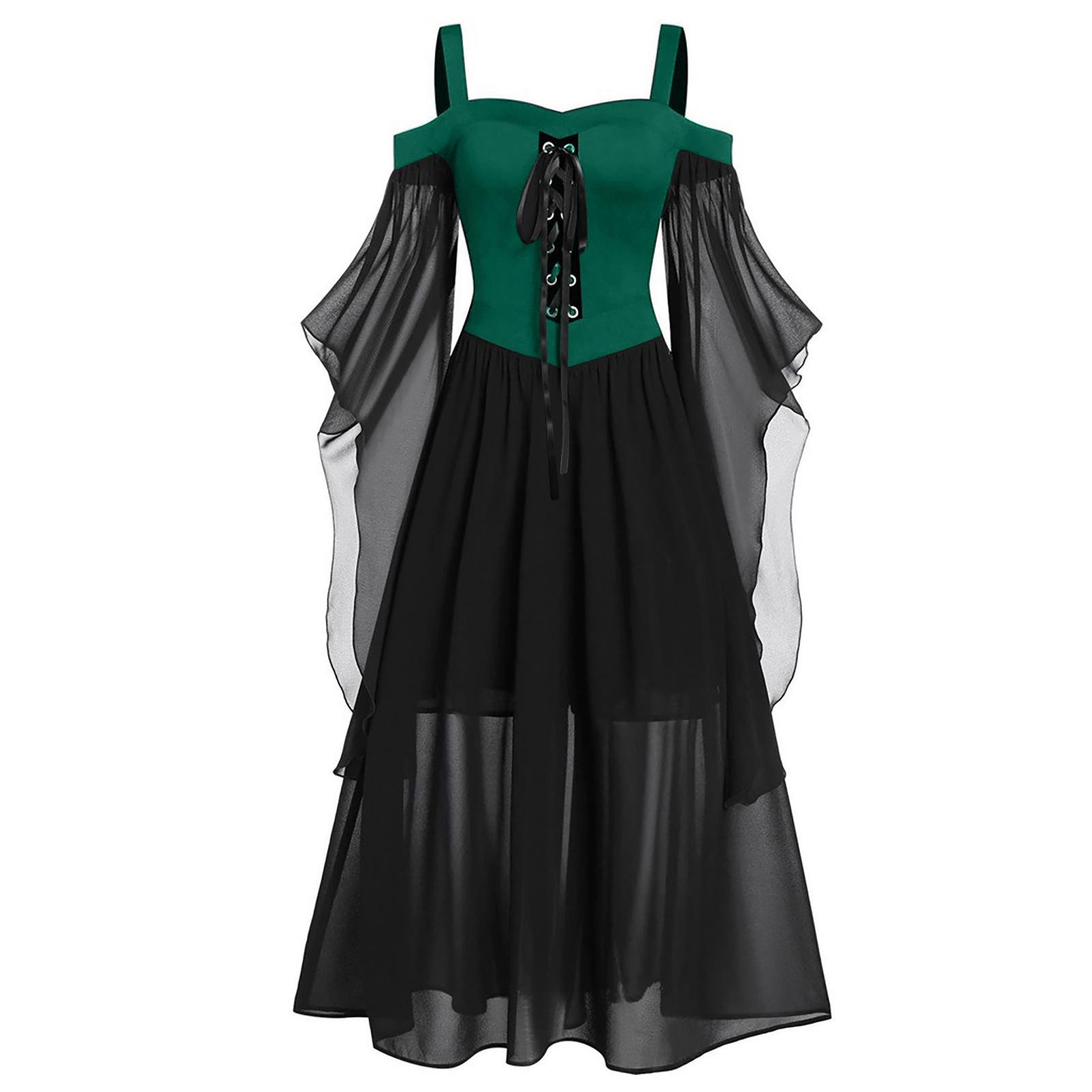 Women s Off Shoulder Long Sleeve Lace Up A Line Mid Waist Halloween Party Maxi Dress 2XL