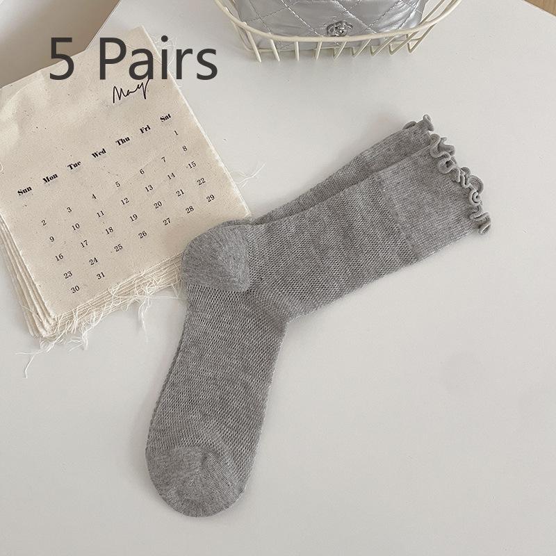 5 Pairs of Female Summer Thin Mesh Breathable Lace Boneless Tube Stack Socks