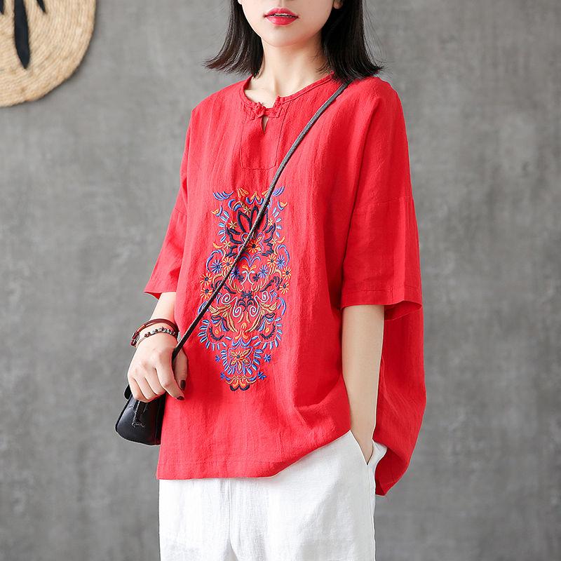 Vintage Embroidered Loose Fit V-neck Short Sleeve Cotton Linen T-Shirt Women Top
