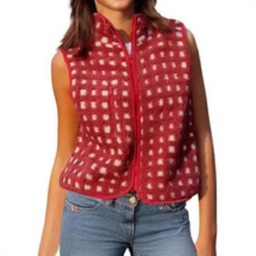 New Women's Plaid Fleece Cardigan Vest - Stand Collar Sleeveless Outerwear for Ladies - Comfortable Casual Jacket