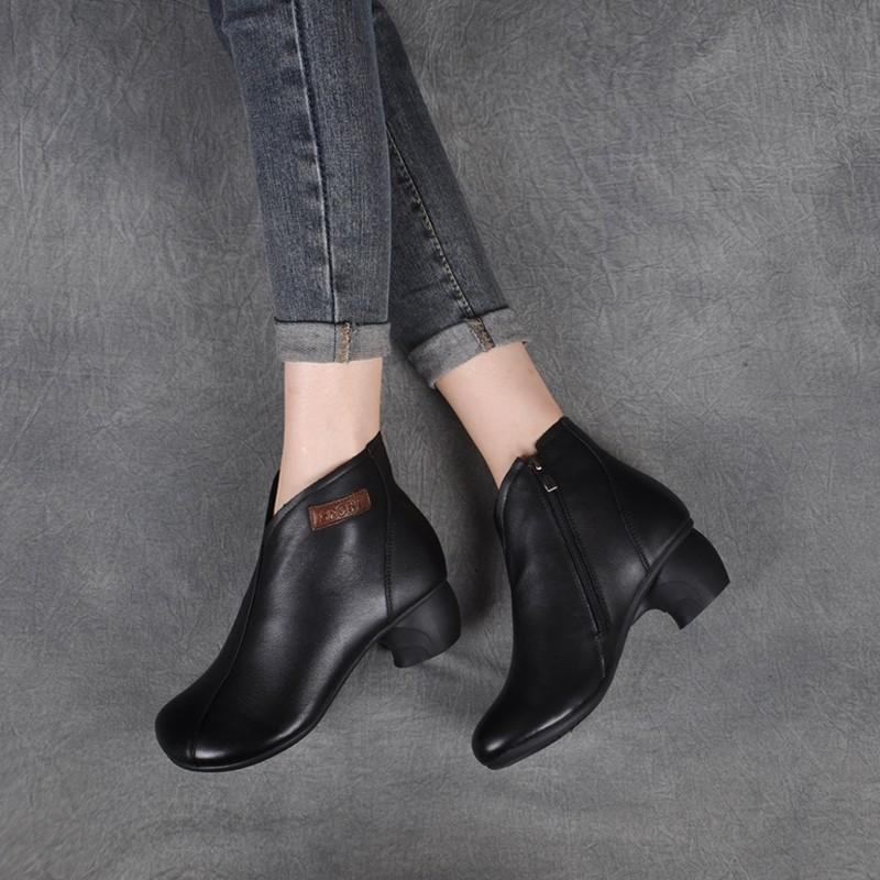 Fashion Autumn Single Boots Genuine Leather Handmade Retro Women's Shoes Thick Heel Side Zip Comfort Short Boots Winter Plush Mom Shoes