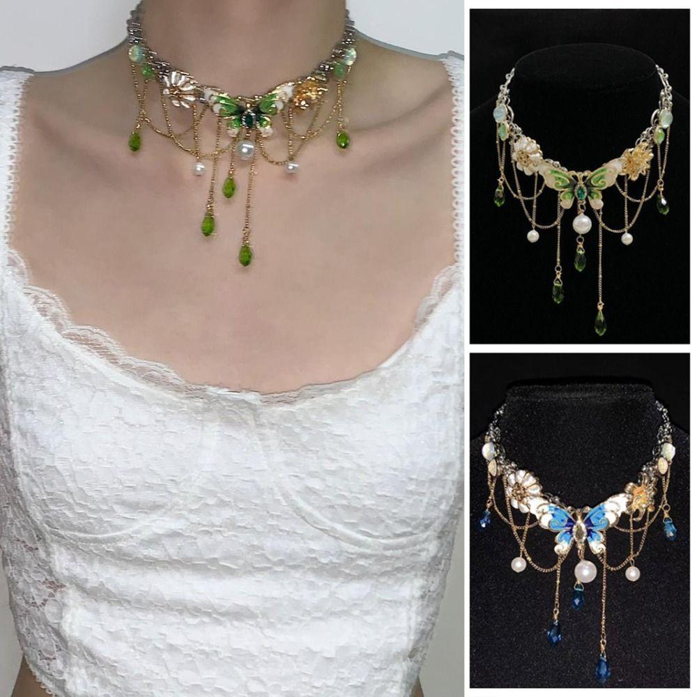 Imitation Pearl Rhinestone Butterfly Necklace Multi-layer Women's Choker  Girls