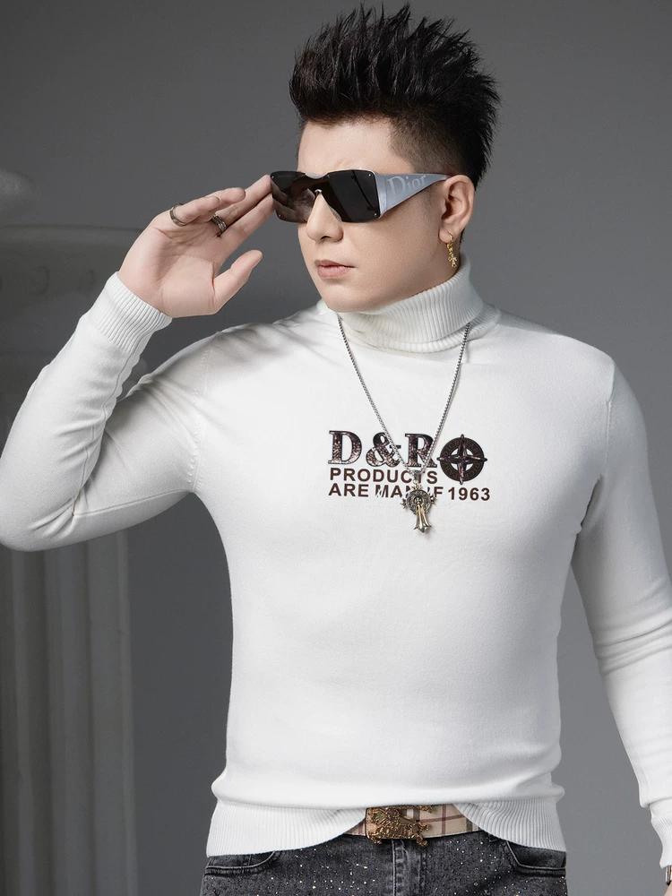 

European Men s High-Neck Knitted Sweater Autumn and Winter Base Layer 2025 New Trendy Printed Rhinestone Sweater 3XL белый