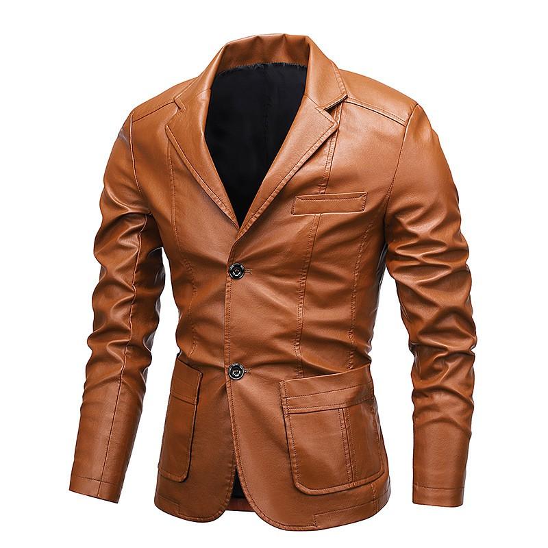 Mens PU Leather Jacket With Notched Lapel Casual Slim Fit Blazer Style Outerwear