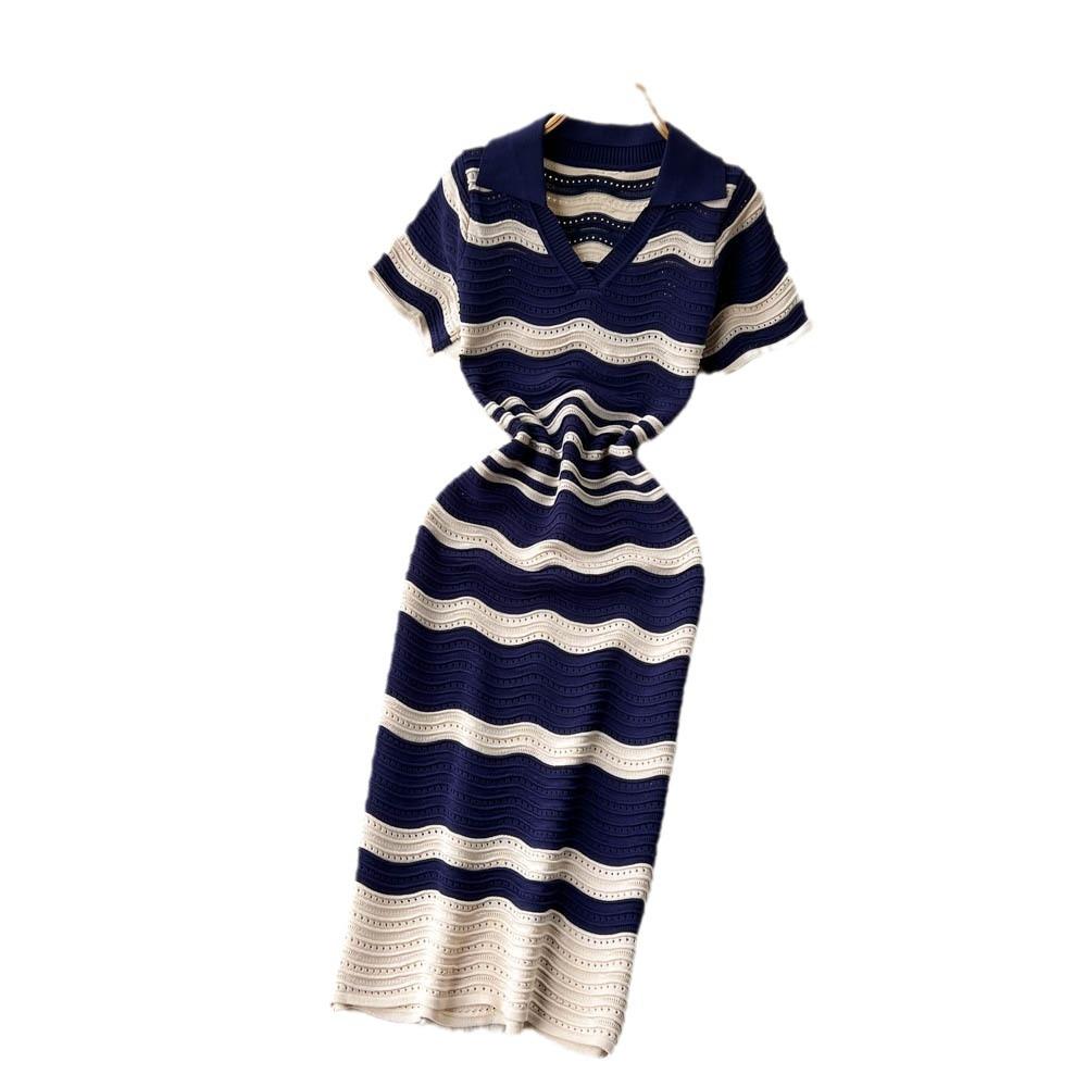Polo neck short-sleeved striped knitted dress women's summer new hip-wrapped and thin niche hollow V-neck medium and long dress