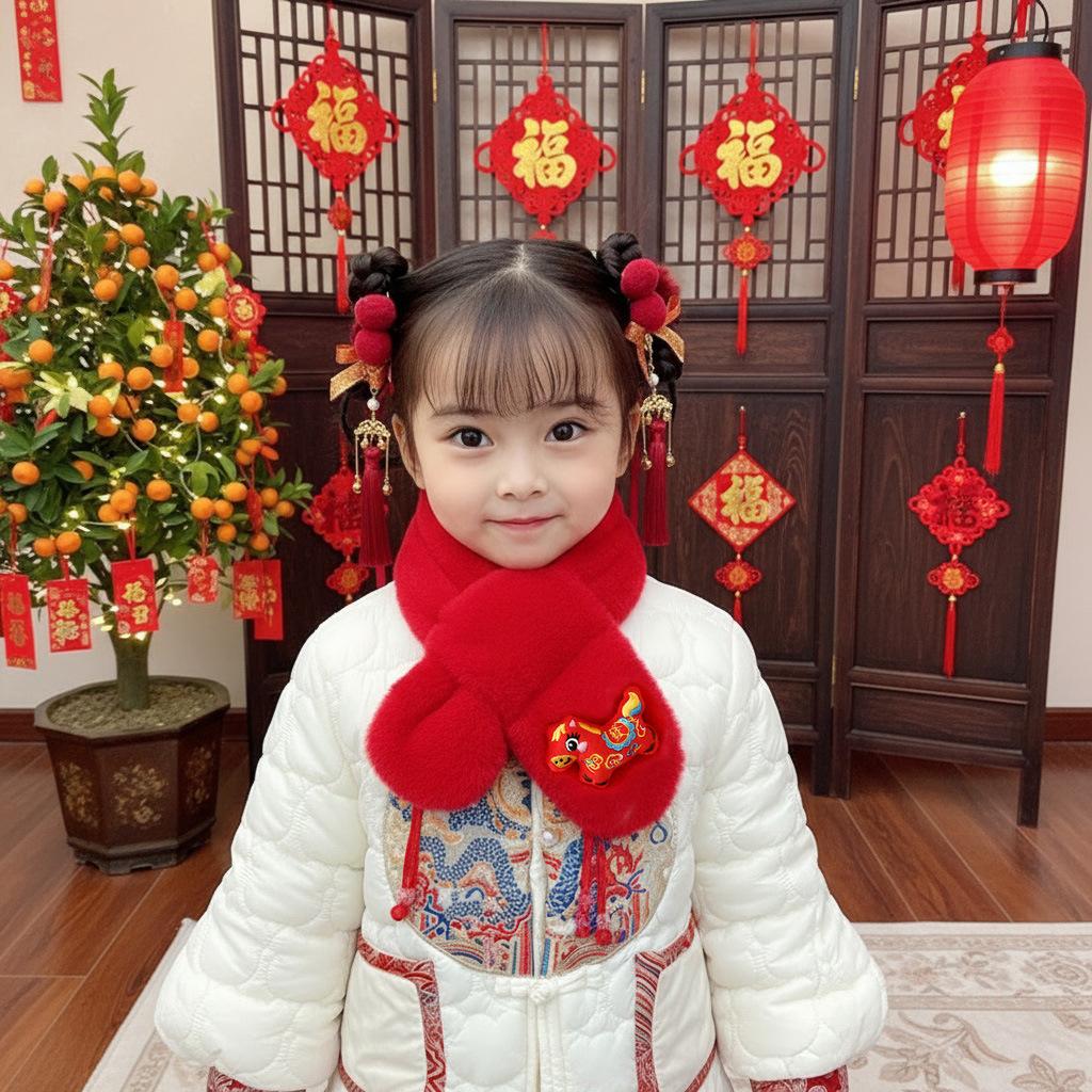 Autumn Winter Children'S Scarf Chinese Style Zodiac Animals Red Scarf Cartoon Pony Plush Neck Warm Scarves New Year Gift