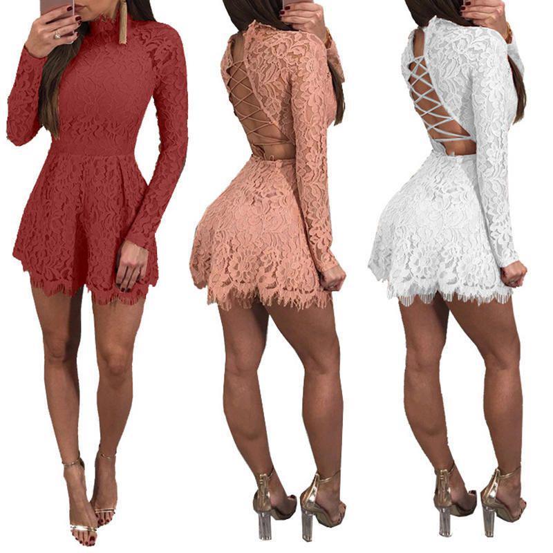 Elegant Womens Fashion Casual Romper Dress Lace Long Sleeve Sexy Short Jumpsuit