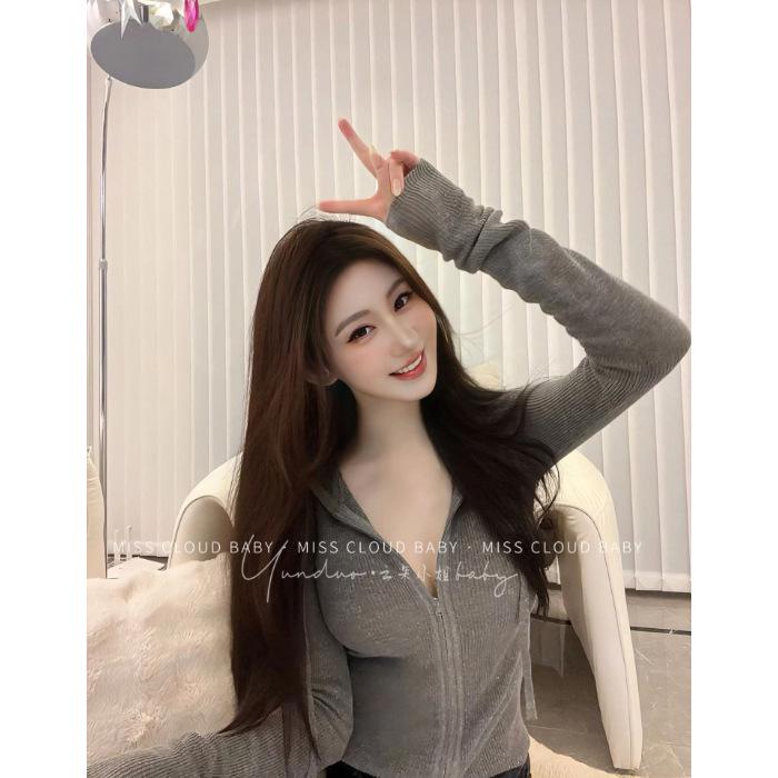 Женская серая корейская футболка с молнией и длинным рукавом - Изящная и универсальная база для ранней осени 2025 Medium серый