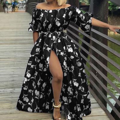 Sommer-Damen-Maxikleid, schulterfrei, Bohemia-Urlaub, Blumendruck, Strand, halbe Laternenärmel, lässig, Übergröße