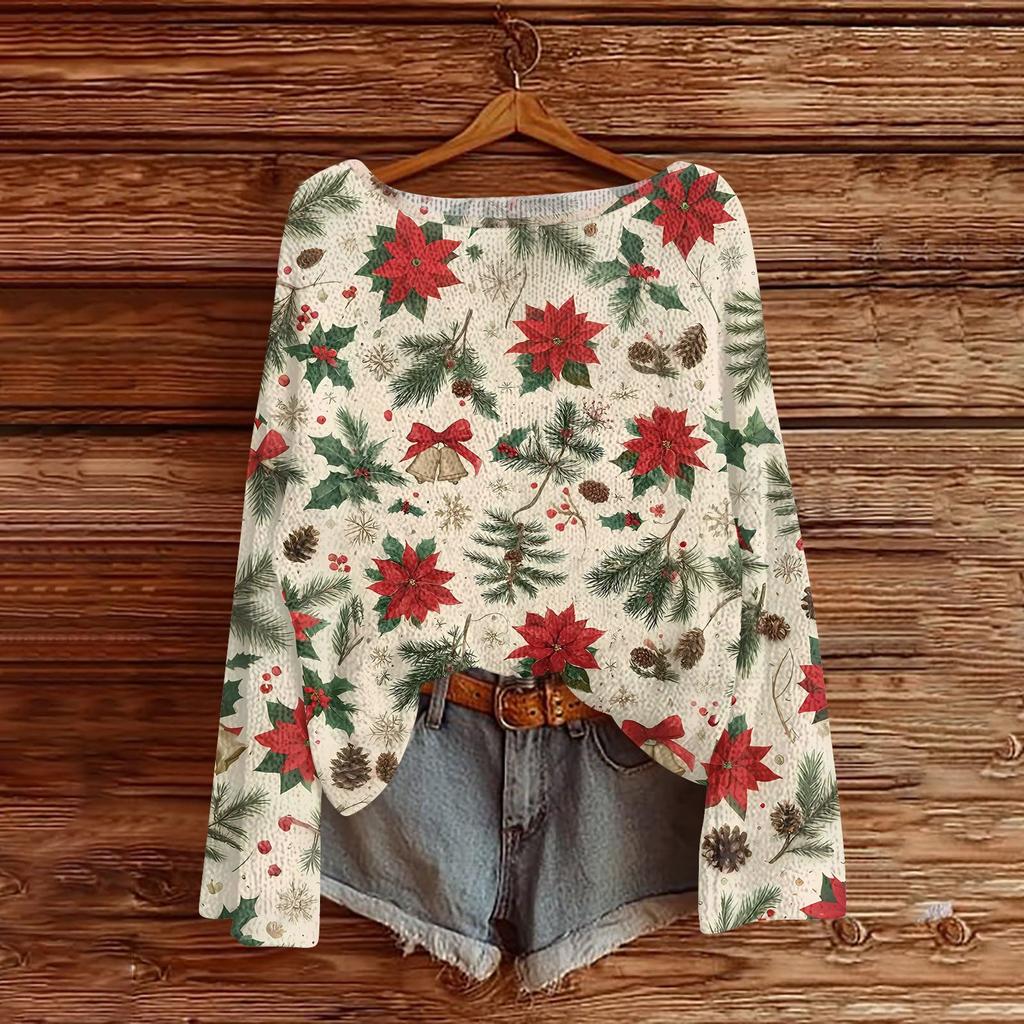 Women's Round Neck Lightweight Sweater Casual Long Sleeve Christmas Print Knit Pullover.