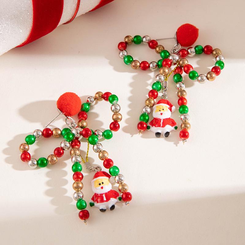Fashion Colored Beaded Bow Hairball Earrings Creative Santa Pendant Christmas Earrings