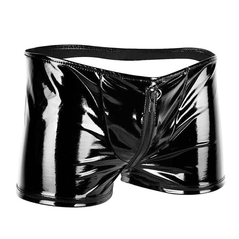 Mens PVC Zip Pouch Backless Briefs Wet Look Lingerie Trunks Shorts Gay Male Funny Open Back Jockstrap Open Butt Panties