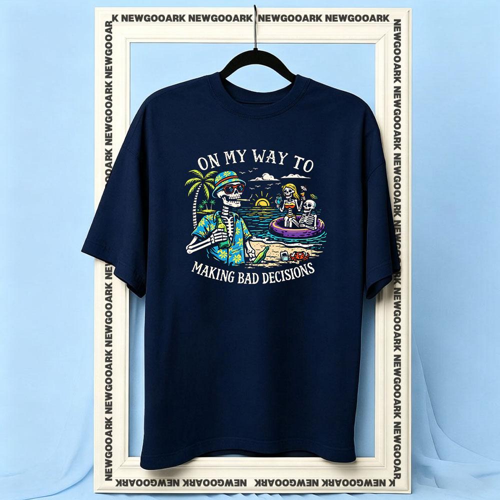 Auf dem Weg, schlechte Entscheidungen zu treffen vintage Totenkopf Feiertags-T-Shirt Damen Unisex Freizeit Baumwolle bedruckte T-Shirts Erwachsene Rundhals Sommer