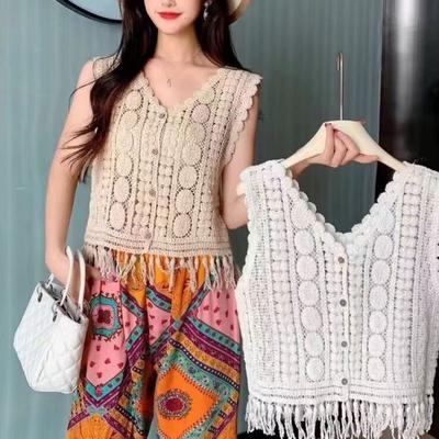 Mała wnękowa kamizelka z pustym haczykiem i kwiatowym wzorem dla kobiet na lato, wyjątkowy i szykowny bezrękawnik z dzianiny