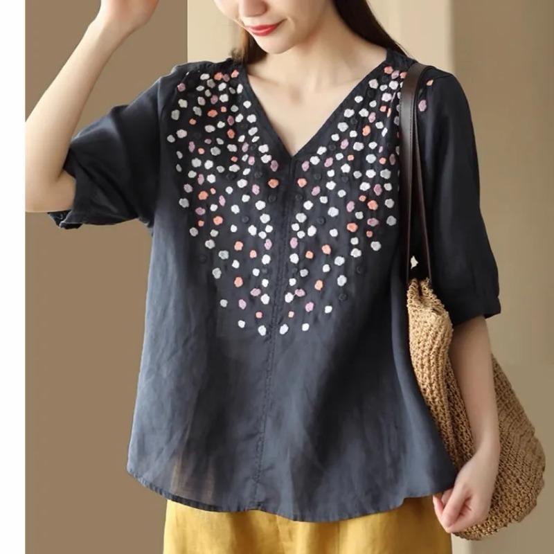 Yellow V Neck Half Sleeve Polka Dot Embroidered Linen Blouse for Women