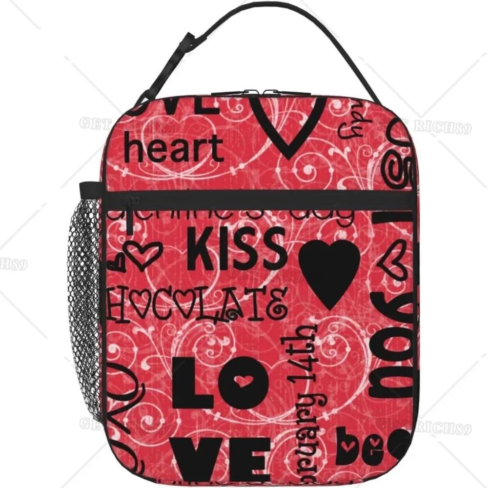 Bedruckte Valentinstag-Lunchtasche mit Seitentasche für Frauen Liebesherzen Isolierte Box Thermische Mahlzeitentrage für Arbeit Picknick Büro