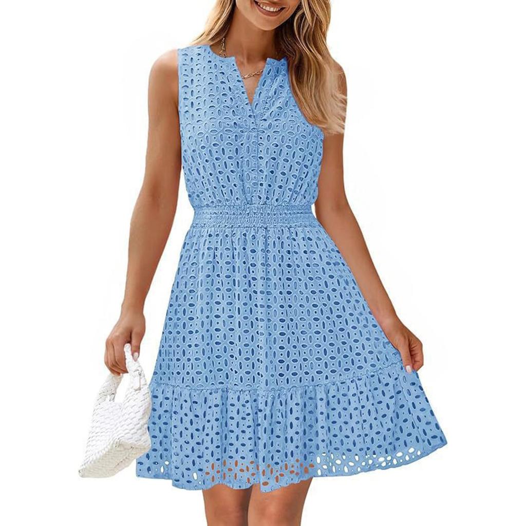 Women's Summer Fashion Lace Hollow V-Neck Color Casual Sleeveless Dresses