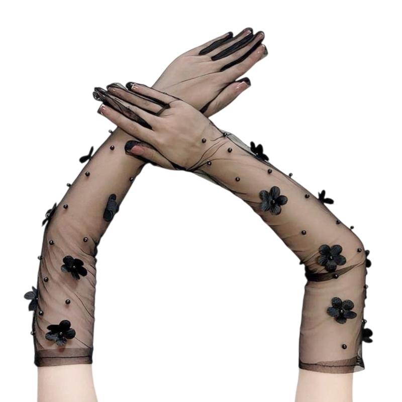 Кружевные Цветочные Перчатки для Женщин Хэллоуин Костюм Мероприятие Дышащие Тюлевые Перчатки для Официального Мероприятия Косплей Украшение на Руку 1 чёрный