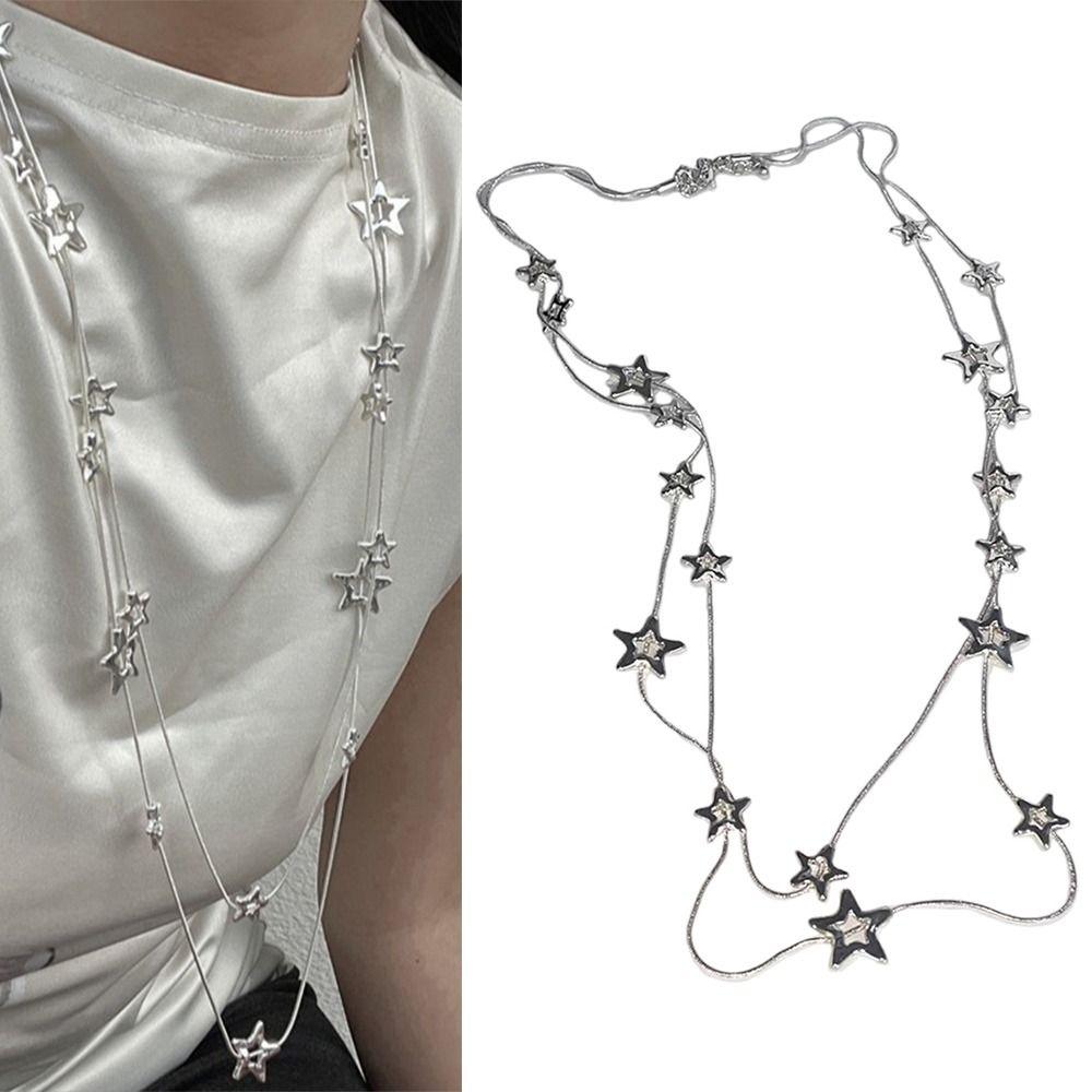 New Alloy Pentagram Star Pendant Silver Color Punk Long Chain Necklace Double Layer Y2K Style Choker