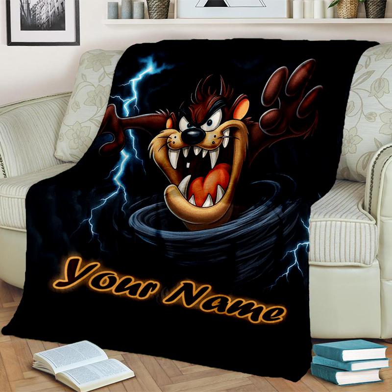 1PC Custom Name "Thunderous Tasmanian Devil" flannel blanket versatile,all-season throw suitable for the living room,bedroom,camping,travel,and gift
