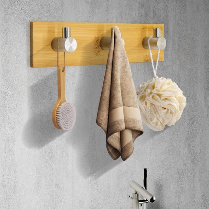 Bamboos And Stainless Steel Hook For Hanging Towels Clothes Decorative Coat Rack Wall Mounted Key Organizer