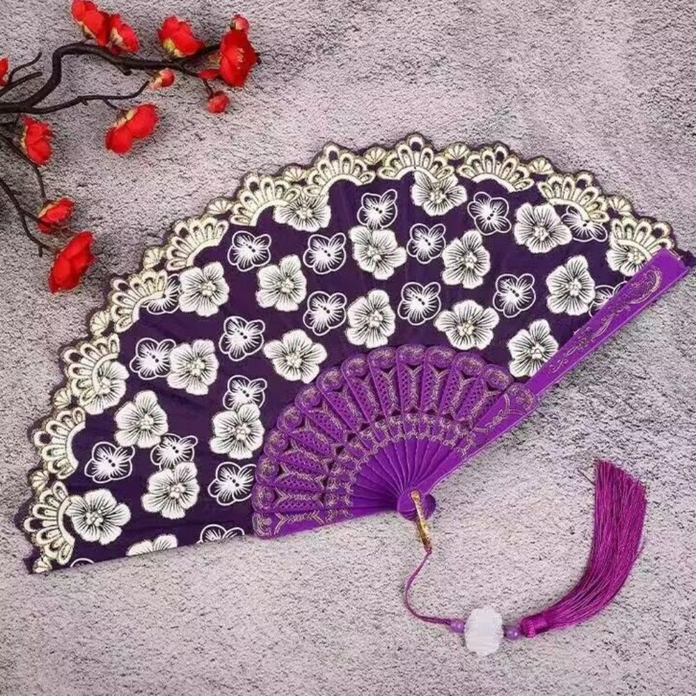 Hanfu Fan Flower Pattern Chinese Folding Fan Traditional Vintage Handheld Fan with Tassel Portable Decorative Fan Cultural Event