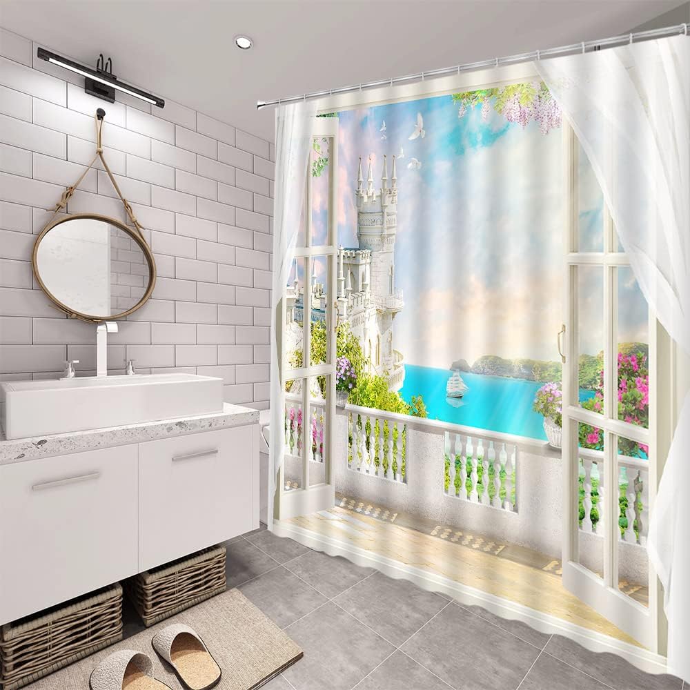Sea View Shower Curtain Ocean Fantasy Castle Balcony Dreamy Beach Garden Summer Seaside Hawaii White Wooden Windows